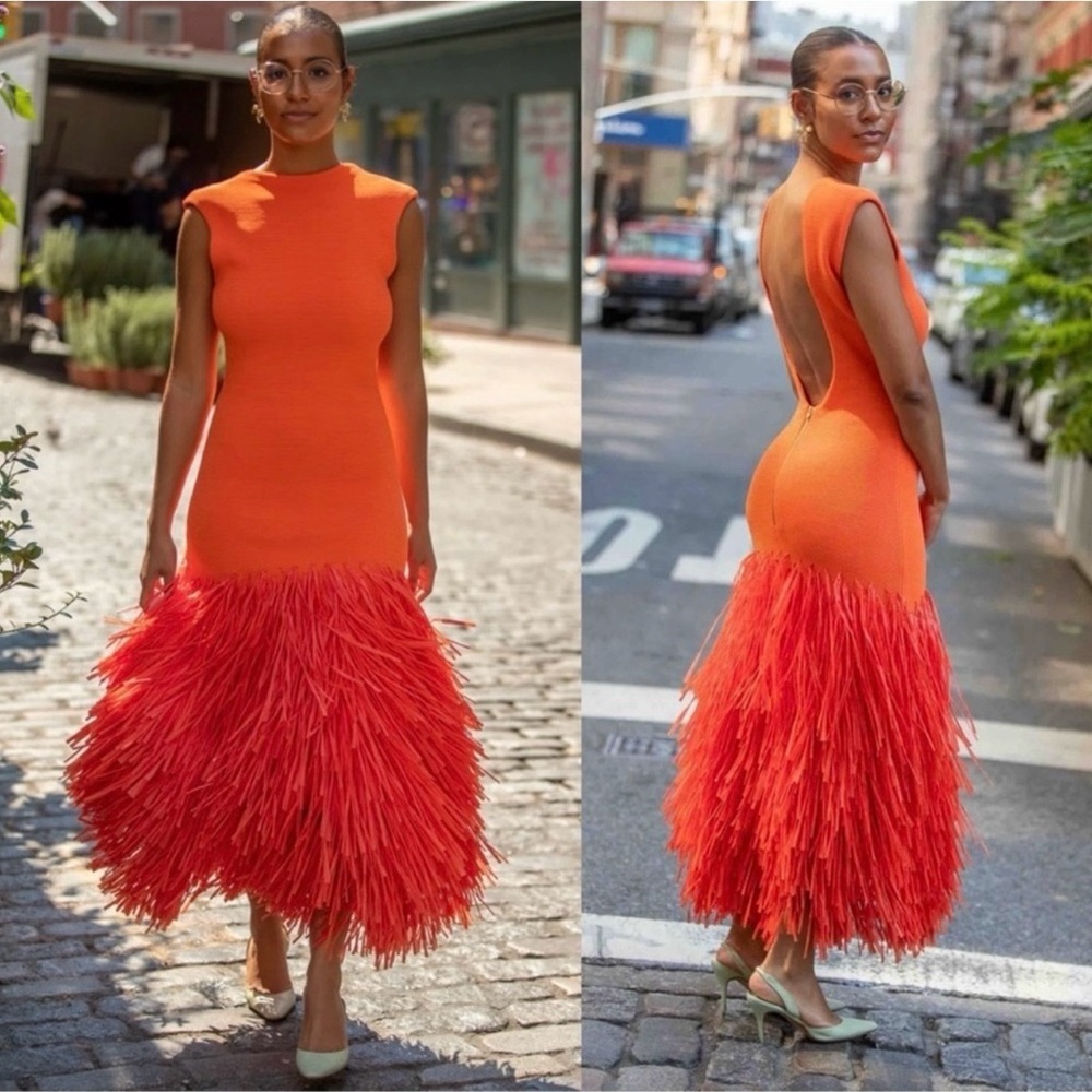 SUPER RARE  Aje Raffia Trimmed Ribbed Stretch Knit Midi Dress Orange Size XXS.